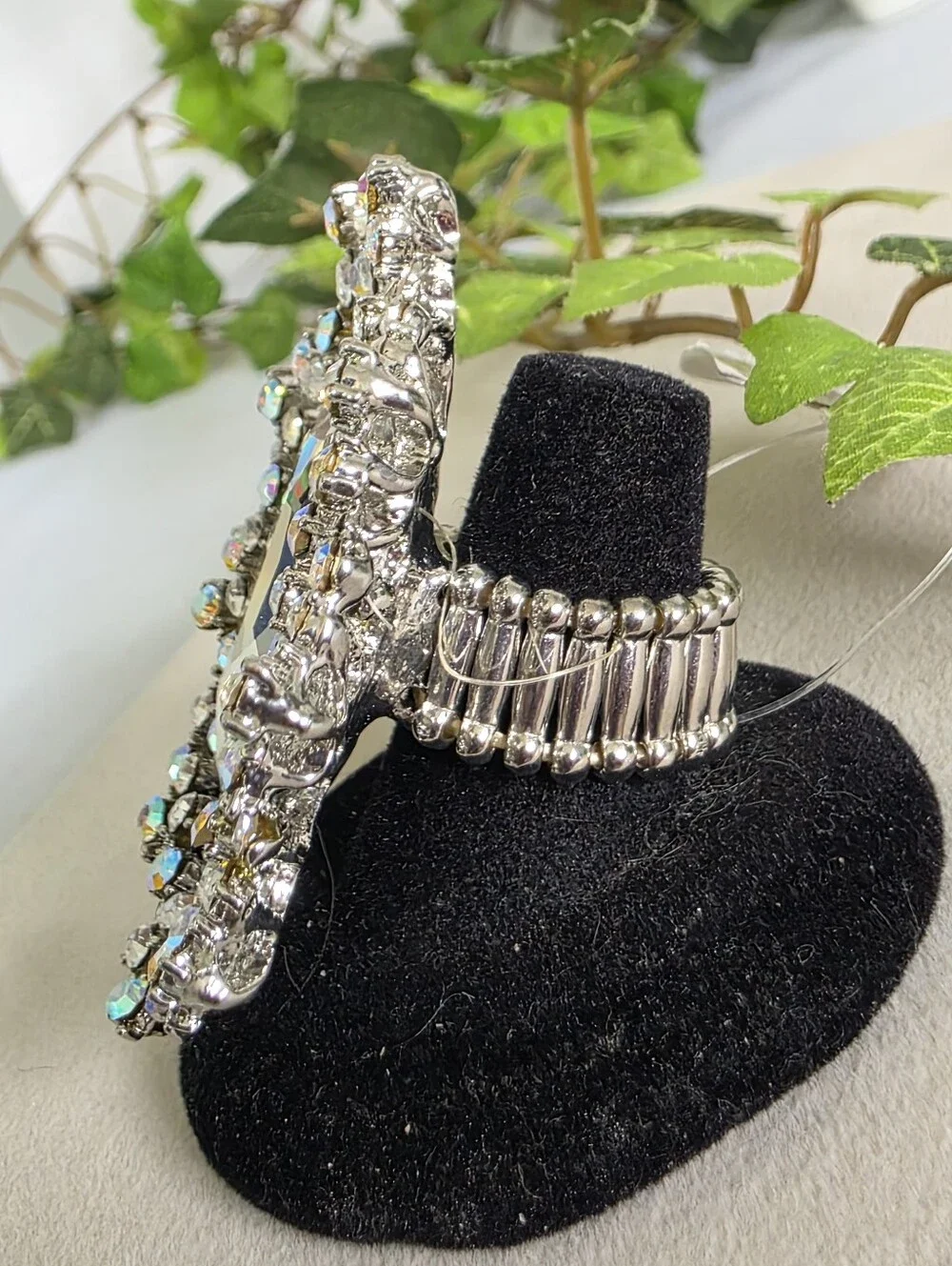 Silver Statement Stretch Ring | Oversized Crystal & AB Rhinestone Oval Cluster